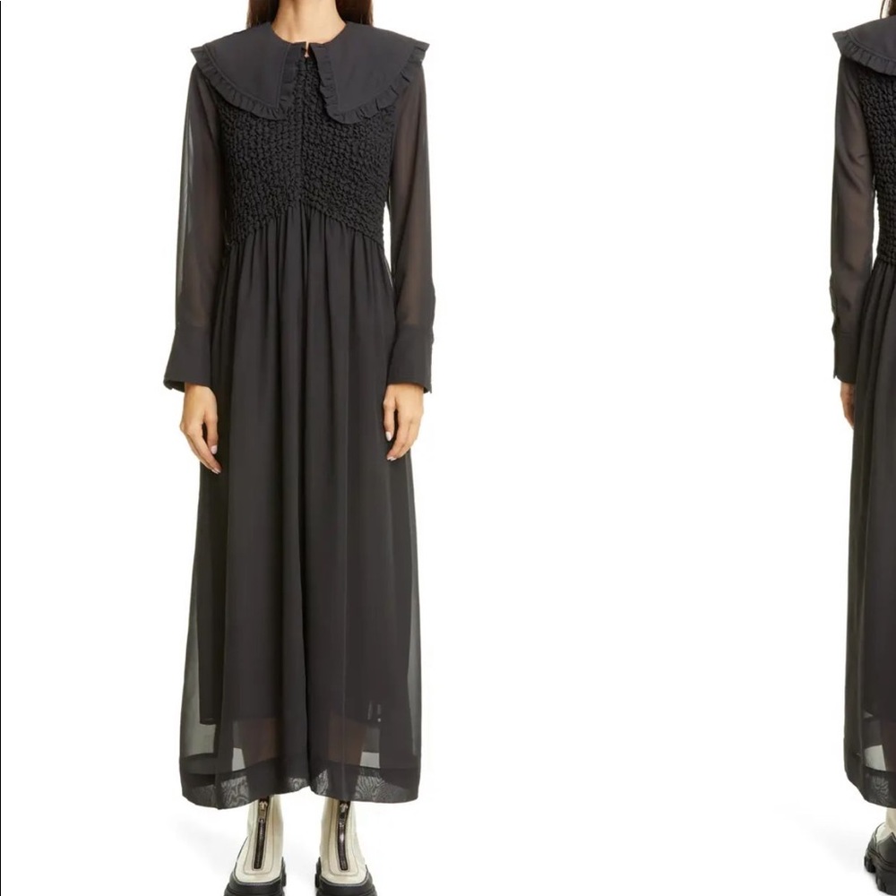 GANNI NWT Smocked Bodice Long Sleeve Chiffon Dress